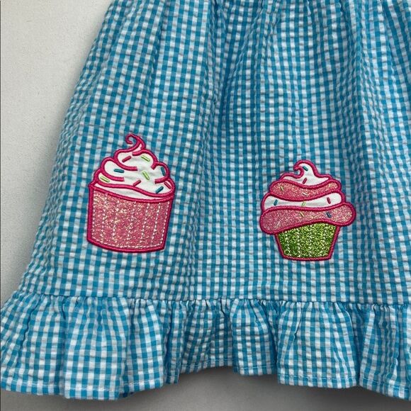 Emily Rose blue and white searsucker gingham cupcake appliqué Birthday dress - Picture 2 of 10